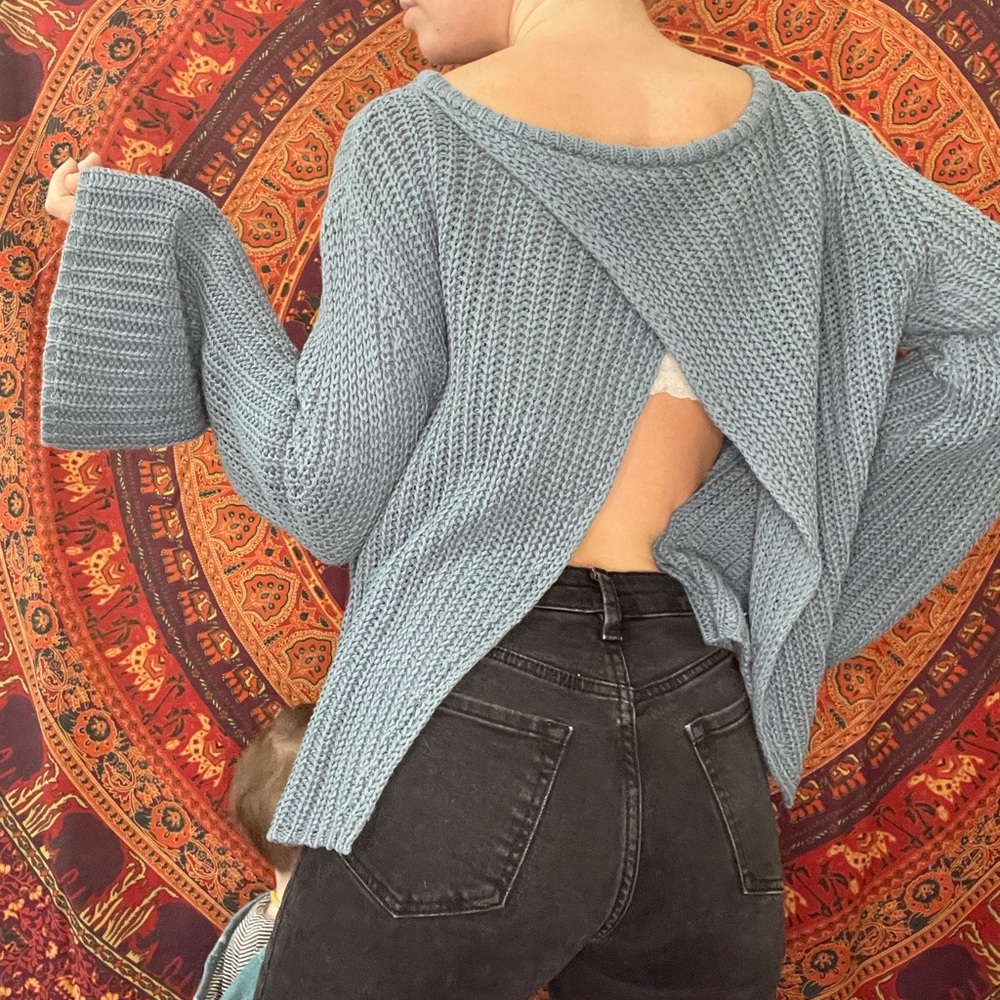 dusty blue roxy sweater w/ crossover open back & bell sleeves